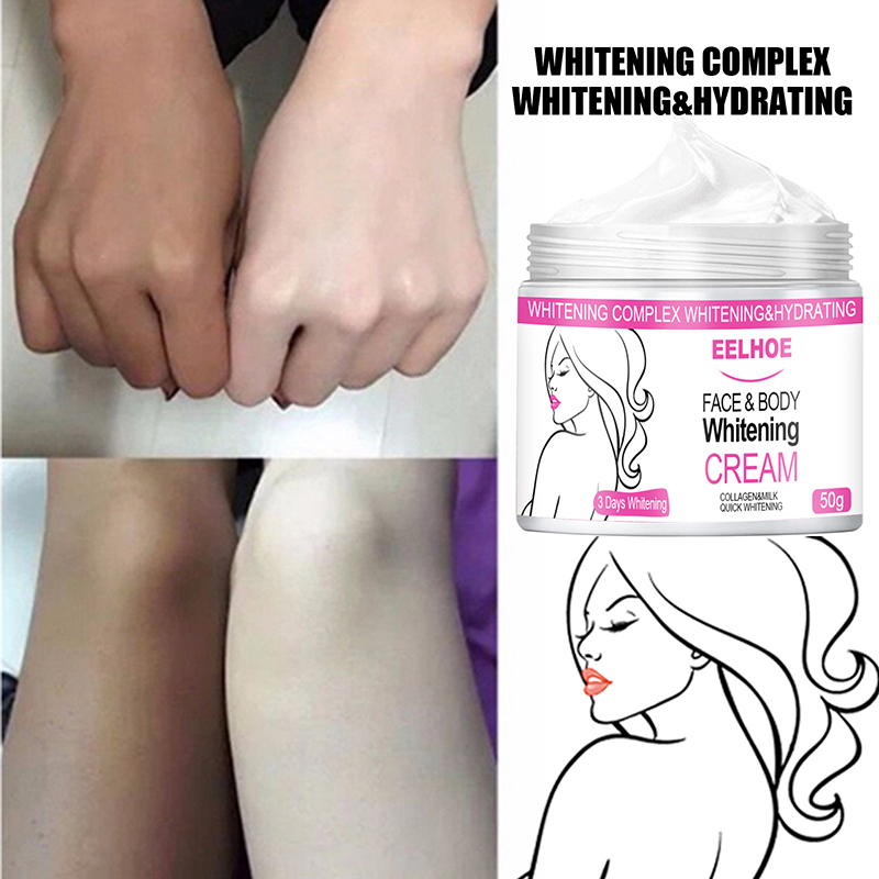 A side-by-side comparison shows hands and legs before and after using the Skin Lightening Cream. The cream claims to offer whitening, hydrating effects, and helps reduce dark spots.