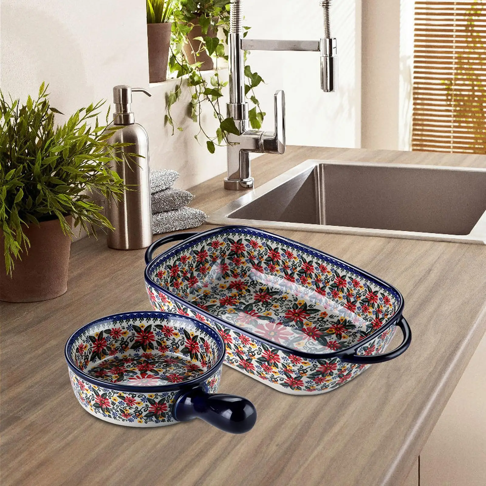 Boho Ceramic Baking Tray Tabletop with Handle Food Serving Plate for Kitchen Salad Soup