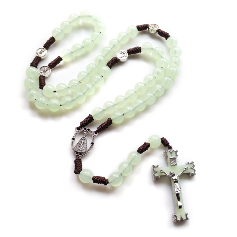 E8BD 10mm Rosenkranz Perlen Leuchtende Halskette Jesus Kruzifix für Kreuz Anhänger Halsketten Glow in Dark Religiöse Schmuck für – Detail 4
