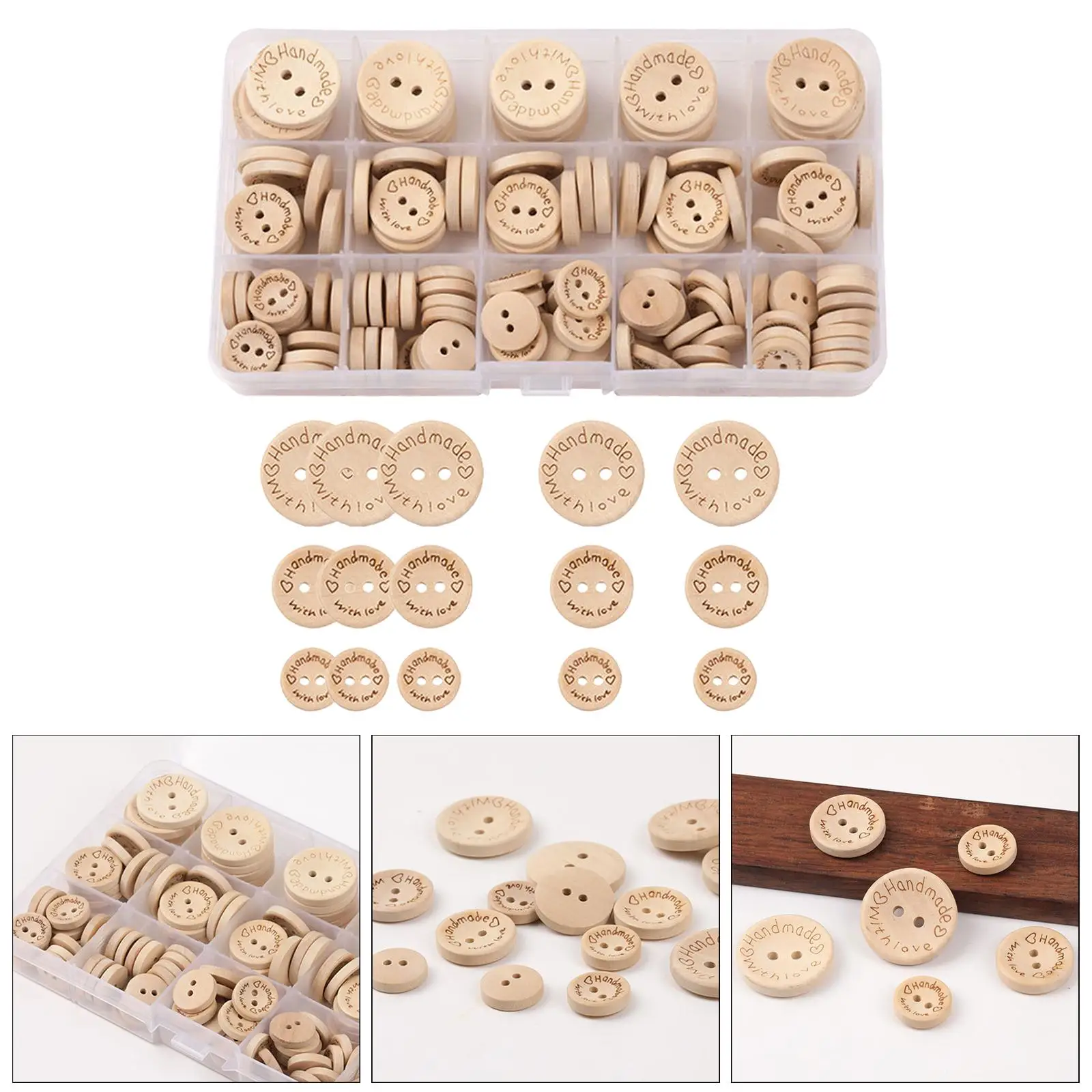 140x Wooden Handmade Buttons with Love Round Shape Sizes Mixed Crafts Sewing Buttons for Crocheting Card Making Knitting Decor