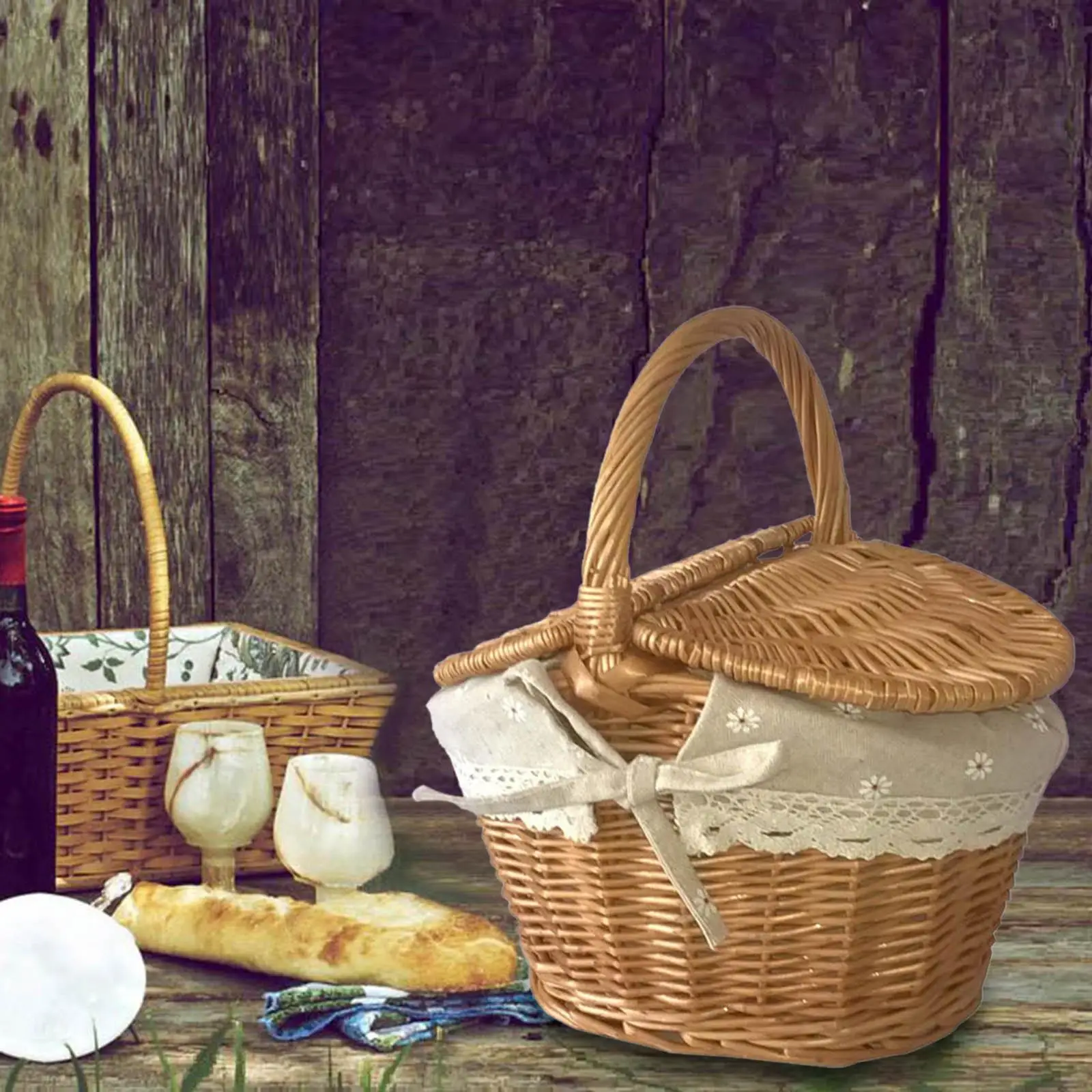 Rustic Wicker Picnic Basket with Washable Lining Rattan Storage Serving Basket for Outdoor Beach Hiking Camping