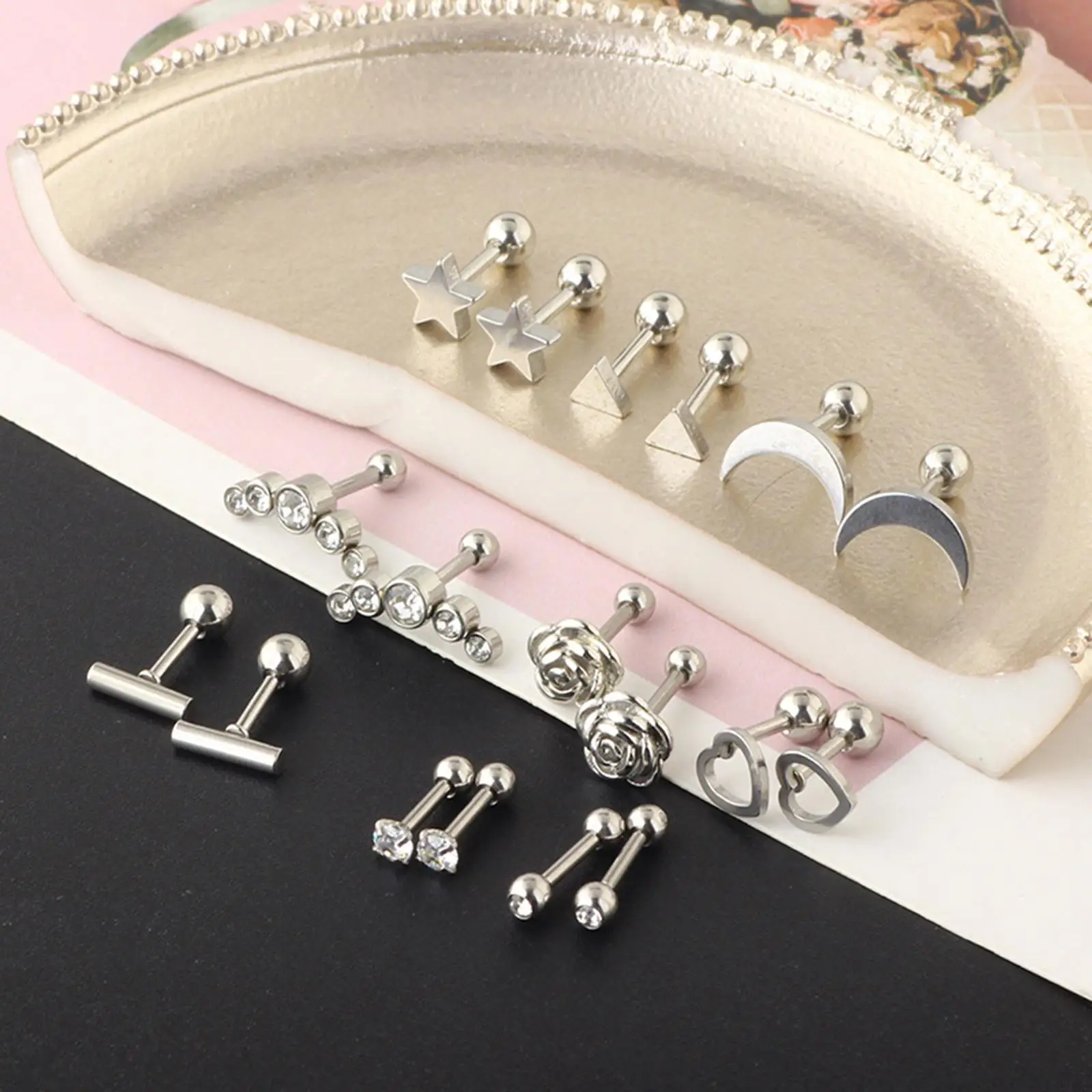 18Pcs Stud Earrings Set Fashion Disc Ball Jewelry Stainless Steel 16G