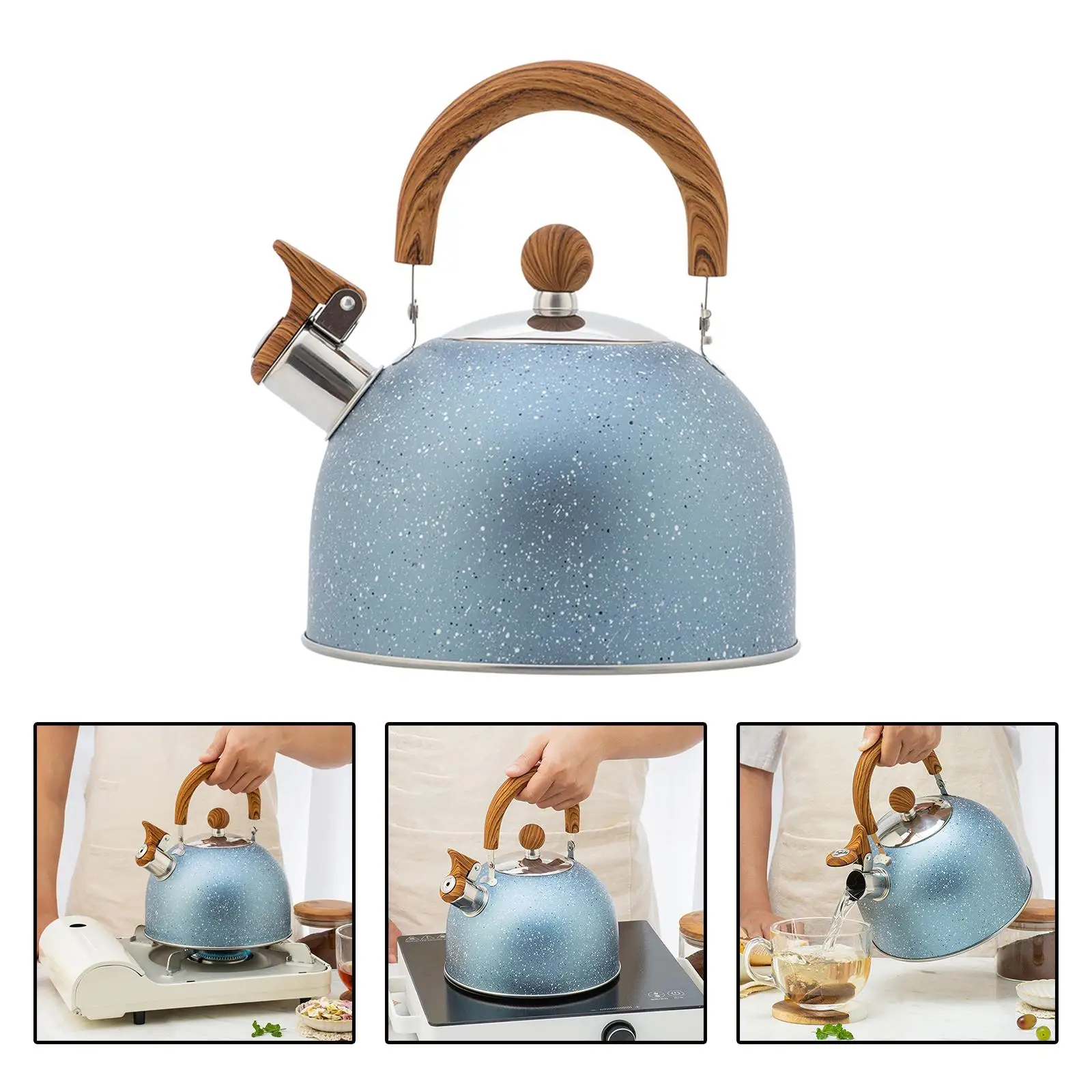 Portable Whistling Kettle Sounding Kettle 2.5L Large Capacity with Wooden Handle Coffee Tea Kettle for Home Kitchen