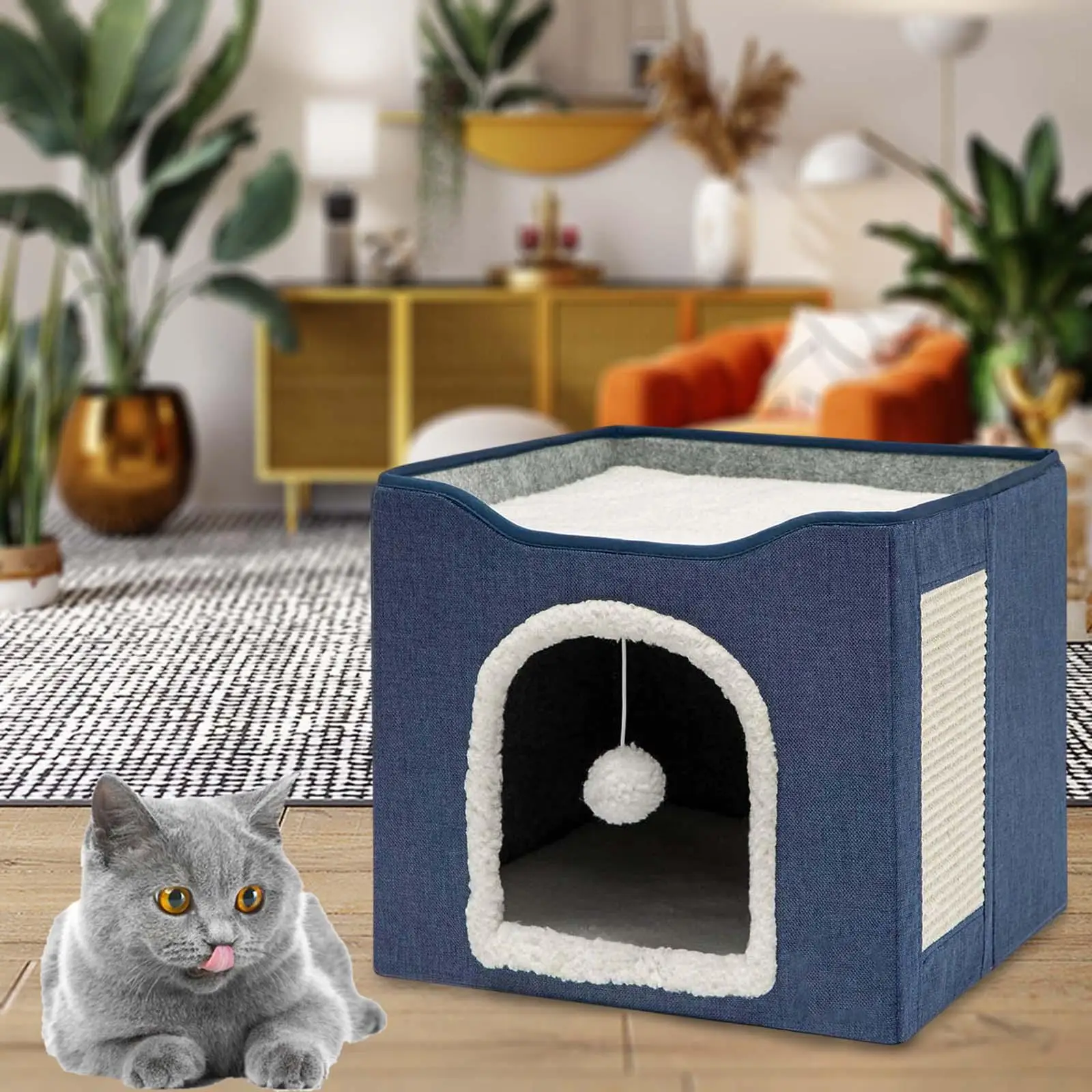 Foldable Pet Cat Bed, Interactive Play Toy Grind Claws, Kitten Cave Scratcher Pad Scratching Board Sleeping Bed for Indoor