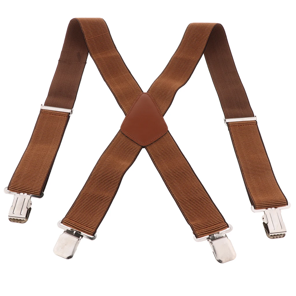 Mens Adjustable X Shaped Elastic Suspenders with Clips Brown