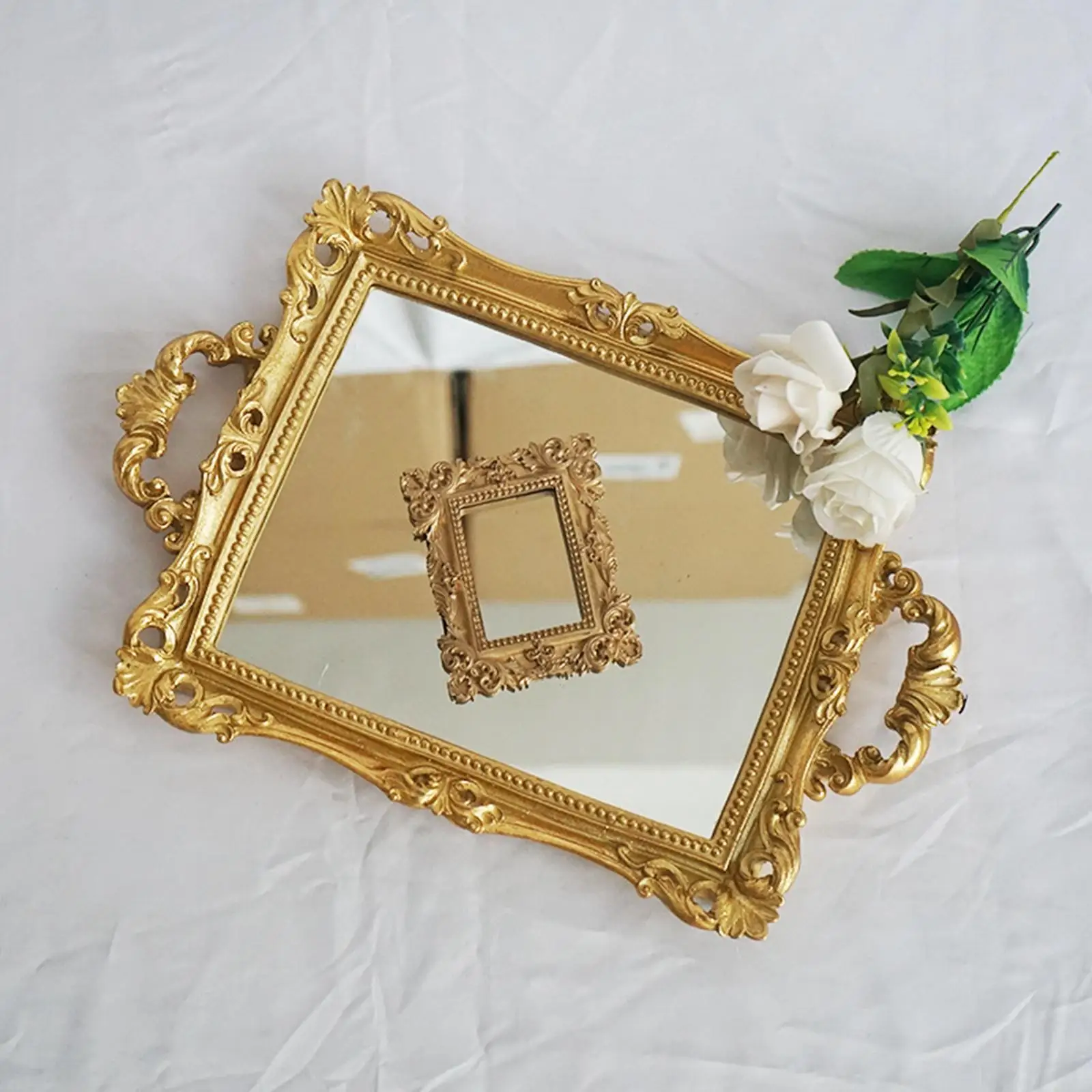 Mirror Tray Golden Serving Tray with Handle for Living Room Coffee Table Home Decor
