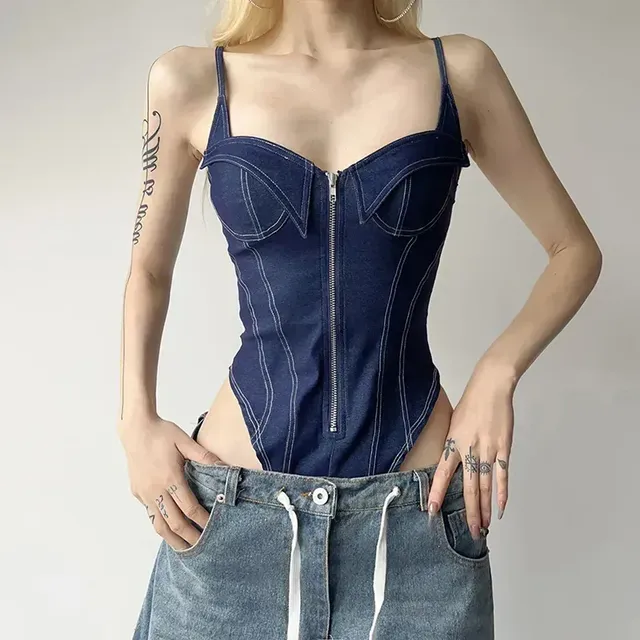 Denim Bodysuit Long Sleeve Off Shoulder 55