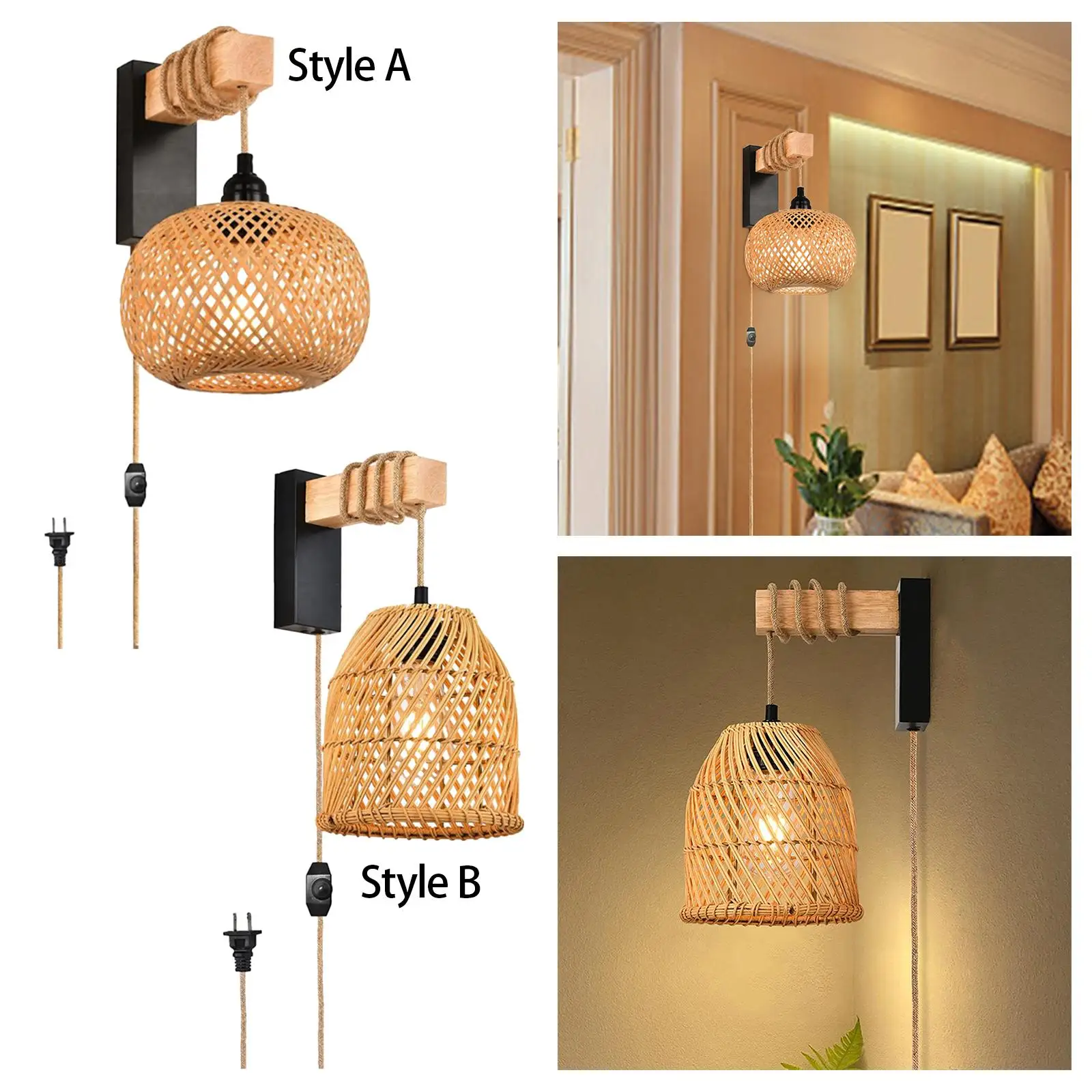 Wall Lamp Dimmable Sconces E27 Lamp Socket Boho Plug in Wall Sconce Wall Light for Bedroom Living Room Cafe Farmhouse House