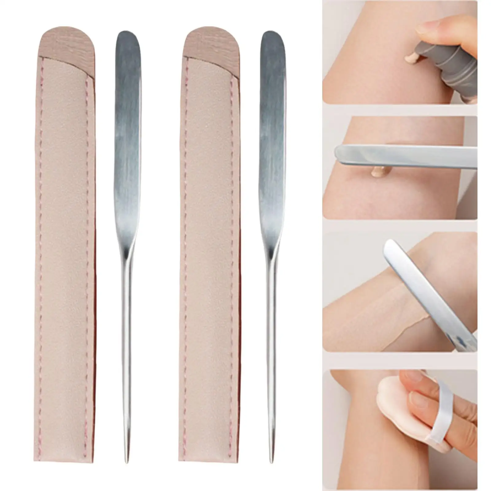 Stainless Steel Cosmetics Mixing Spatula with PU Leather Case Beauty Scoop Accessories for Eyeshadow, Skin Wax Household Use
