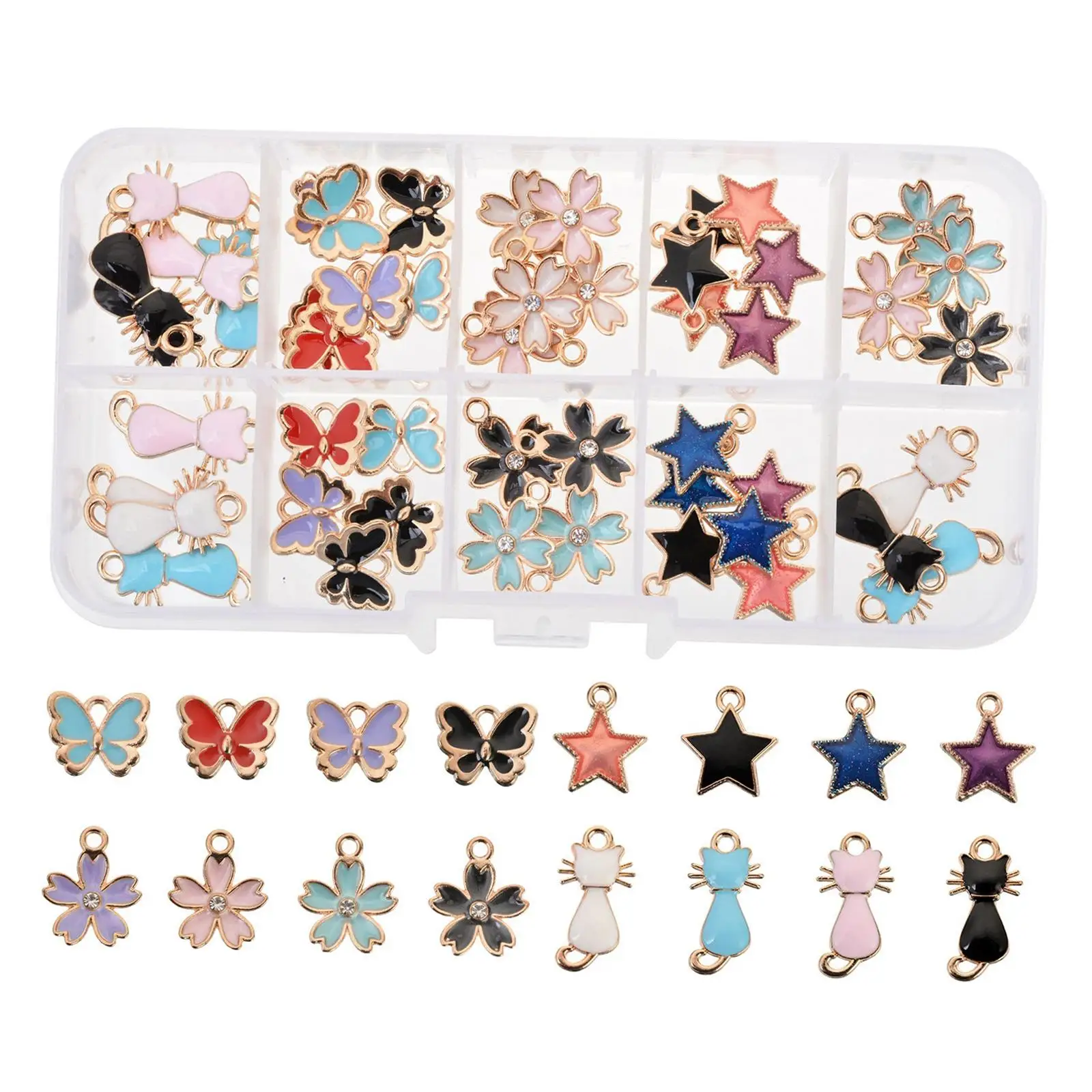 48Pcs Women Assorted Enamel Charms Butterfly Star Flower Cat Charm Pendants DIY Necklace Bracelet Earring for Jewelry Making