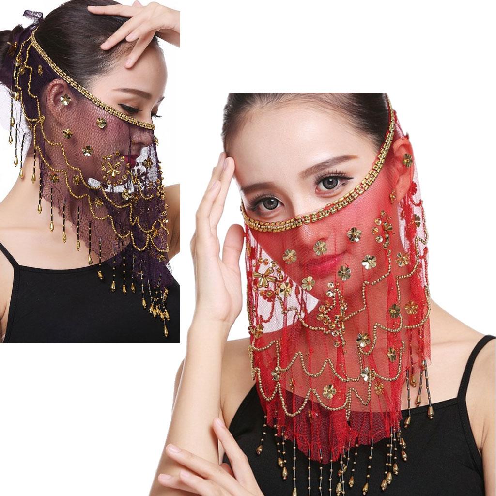 High Quality Women`s Belly Dance Face Veil Chiffon Performance Head Scarf Headpiece Play Tassel Costume Beautiful with Sequins