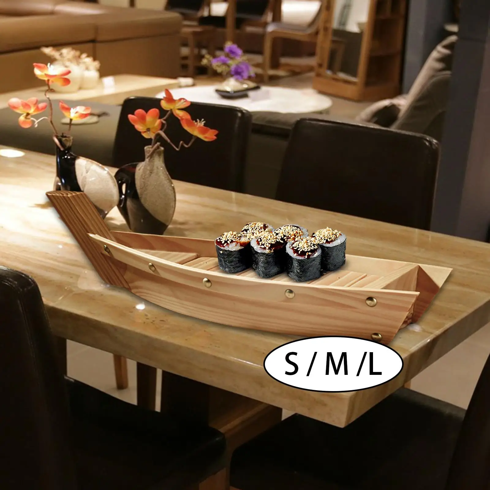 Wooden Sushi Boat Plate Melamine Tray Boat Serving Tray for Cafe Tea House Kitchen, Dining Room Steak