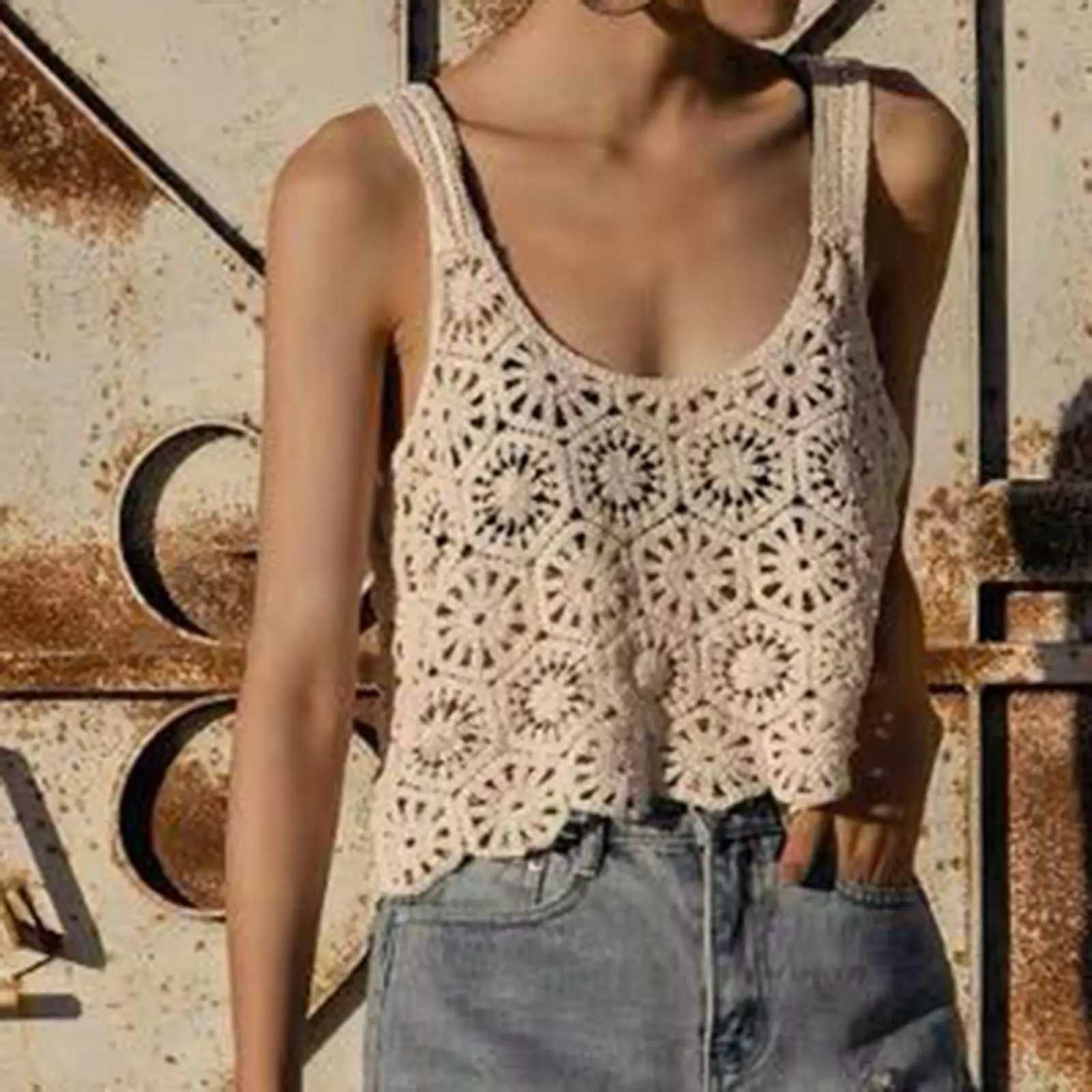  Women Hollow Out Tank Tops Camisole Corset Color Sleeveless Loose Crop Tops Knitted Floral Print Bohemian Female Girls
