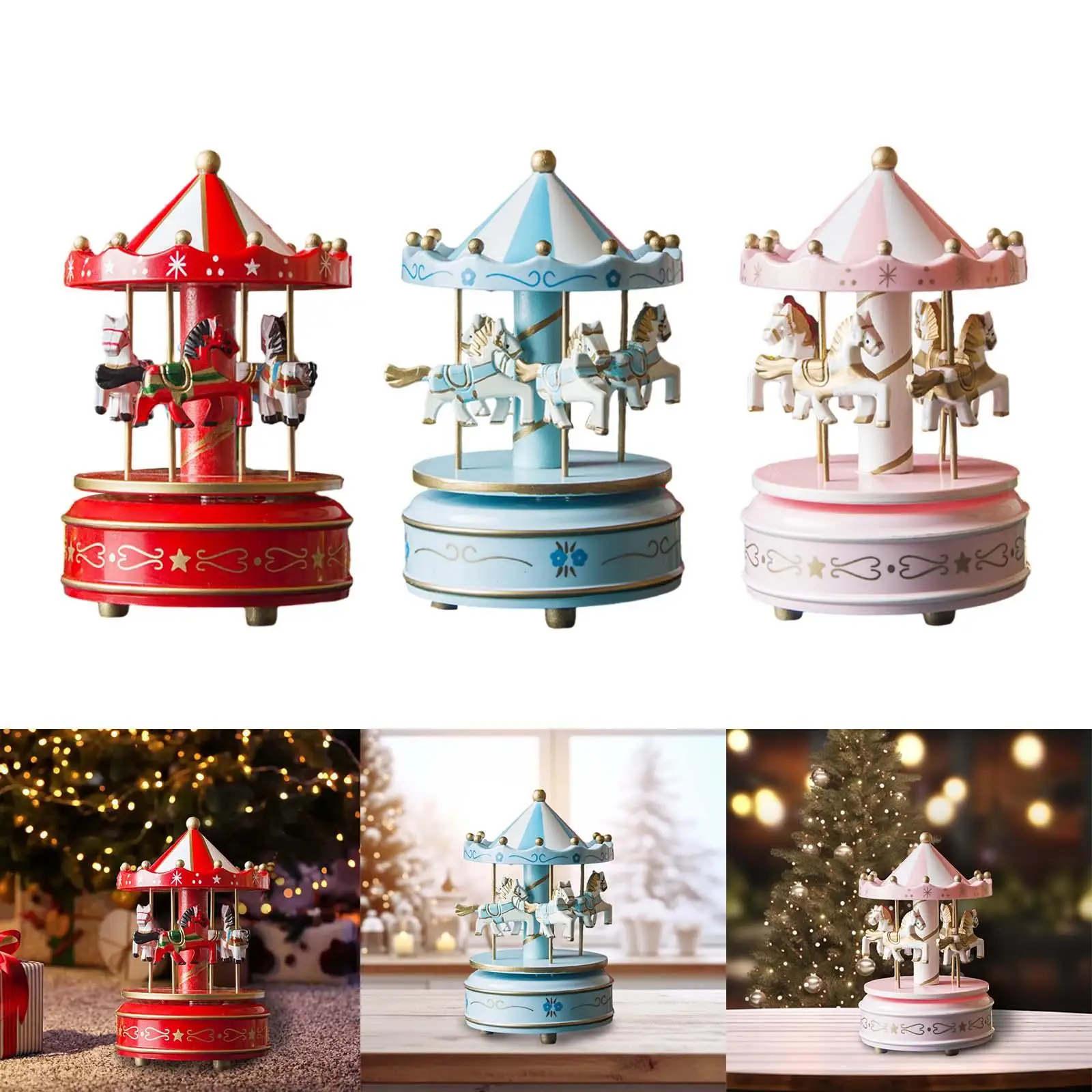 Wood Musical Box Christmas Crafts Decoration Xmas Showpiece Decorative Turn Horse Shaped for Valentine Gift