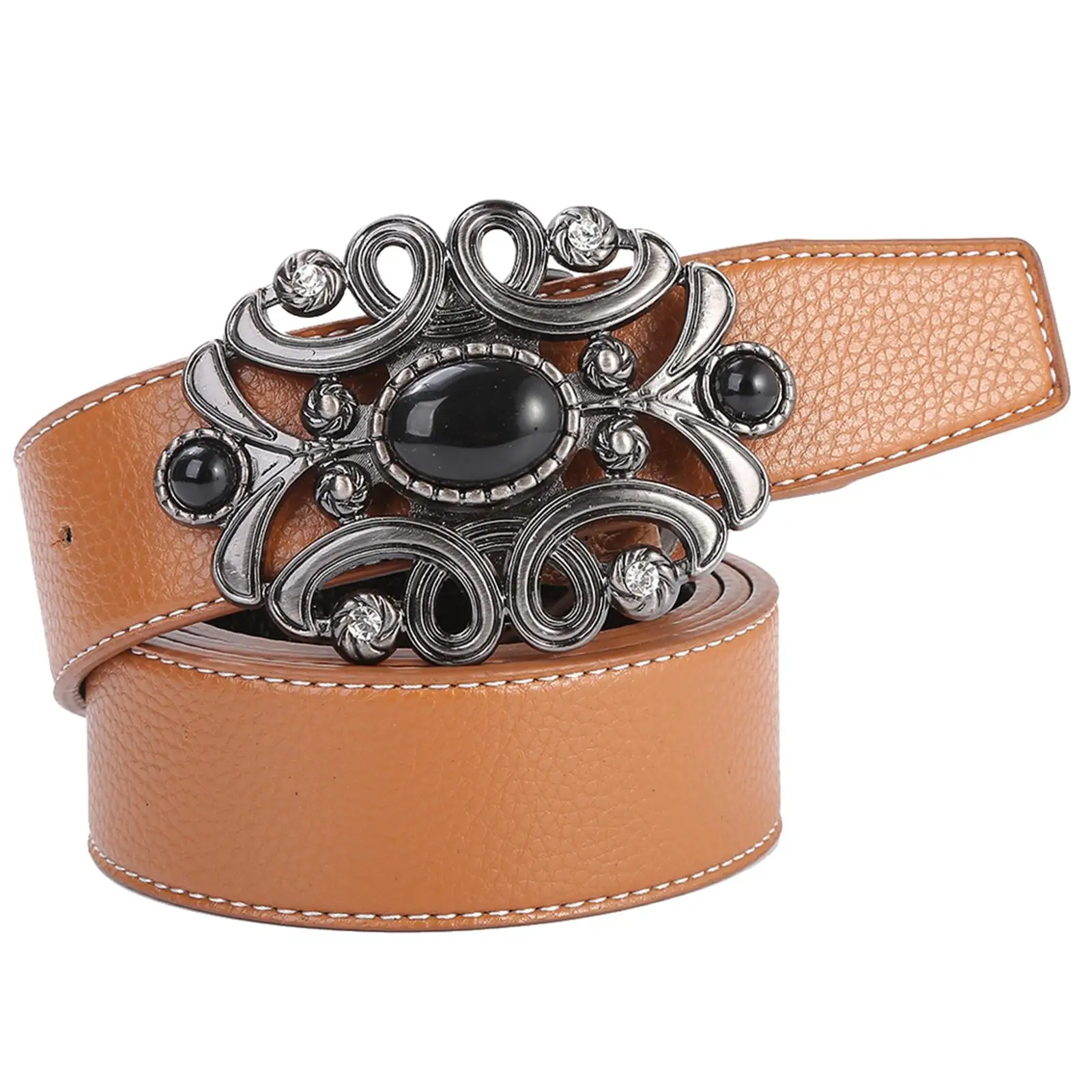 Western Belt Floral Buckle Strap Versatile PU Leather Belt Cowboy Unisex