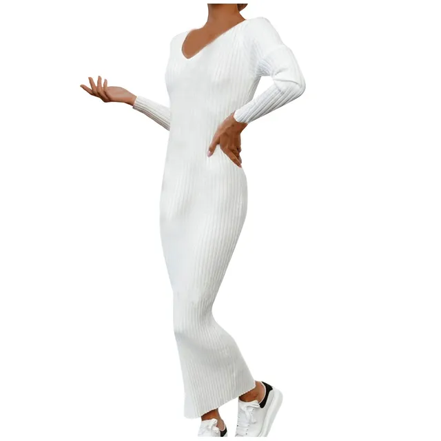 Luxury Long Dresses For Women Fashion Long Sleeve Dress V Neck Plain Ribbed  Dress Casual Winter Women Clothing Vestidos Mujer - AliExpress