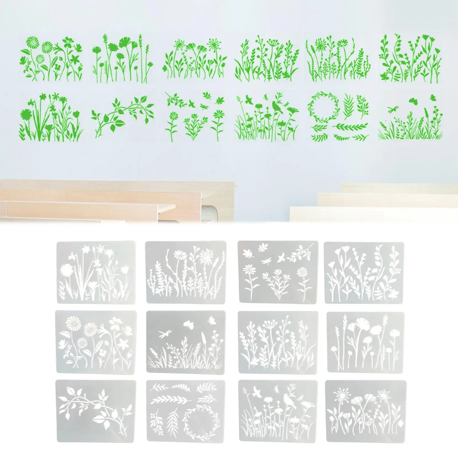 12x Resin Flower Stencil Template Scrapbook Painting Drawing Floral Decorative Spring Summer Ruler for Fabric Wood Canvas Album