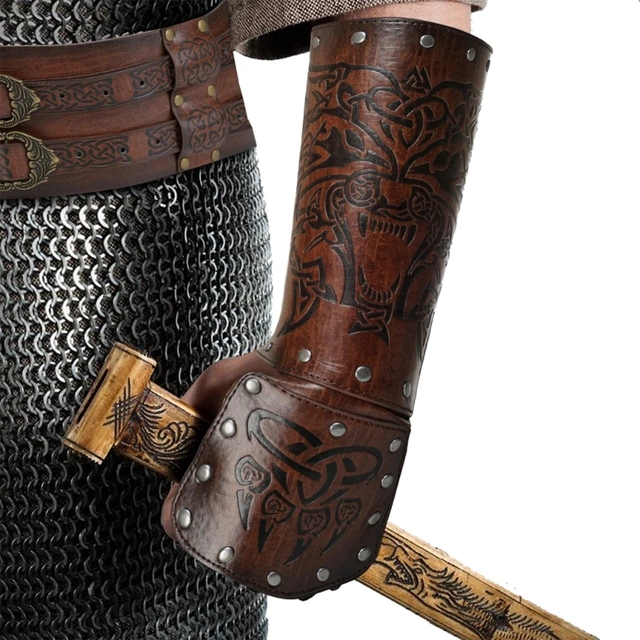 Adjustable Medieval Embossed Arm Bracers Vintage Faux Leather