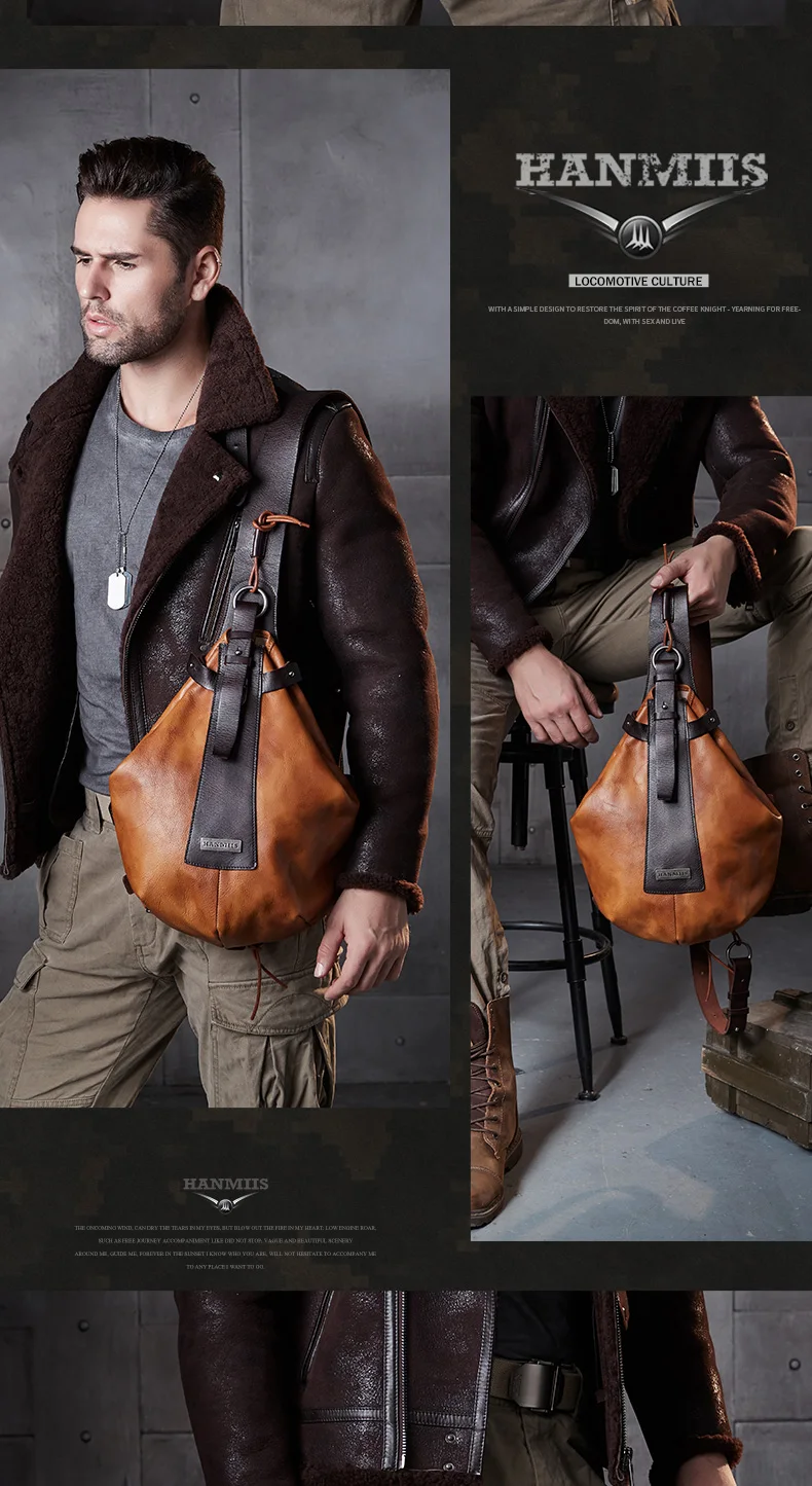 Hanmiis Water Drop Bag Triangle Chest Bag B6 Paratrooper Military Style First Layer Cowhide Messenger Bag Genuine Leather Retro