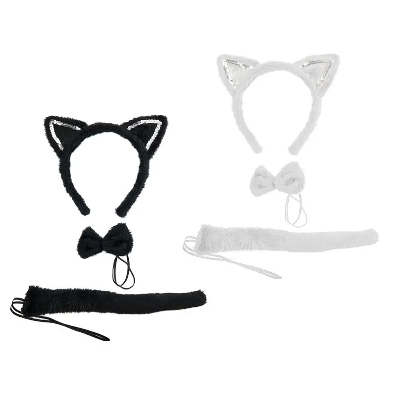 Women Cat Cosplay Set Ears Headband Tail Set Halloween Xmas Cosplay Costume