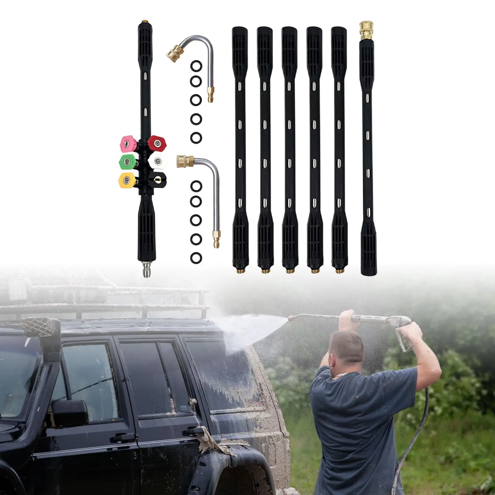 9Pcs Pressure Washer Extension Rod Fittings with 6 Spray Nozzle Tips Power Washer Lance for Undercarriage Cleaner Deck Walkway