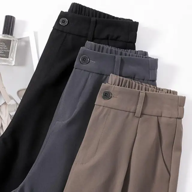 Pantalones de oficina de tela lisa para mujer, ropa de trabajo de pierna  recta con botones - AliExpress