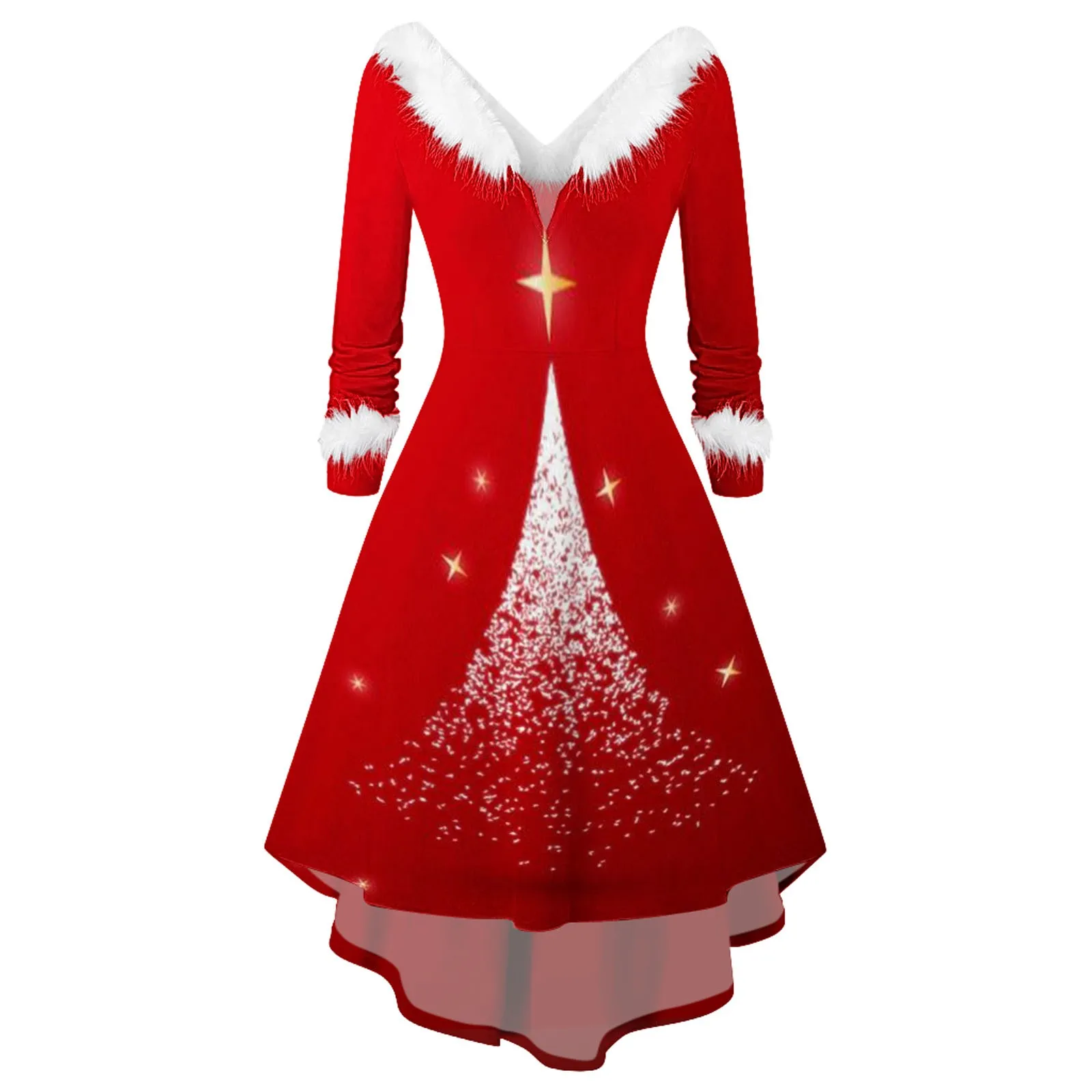 Women Christmas Dress Faux Fur Collar Santa Claus Print Party