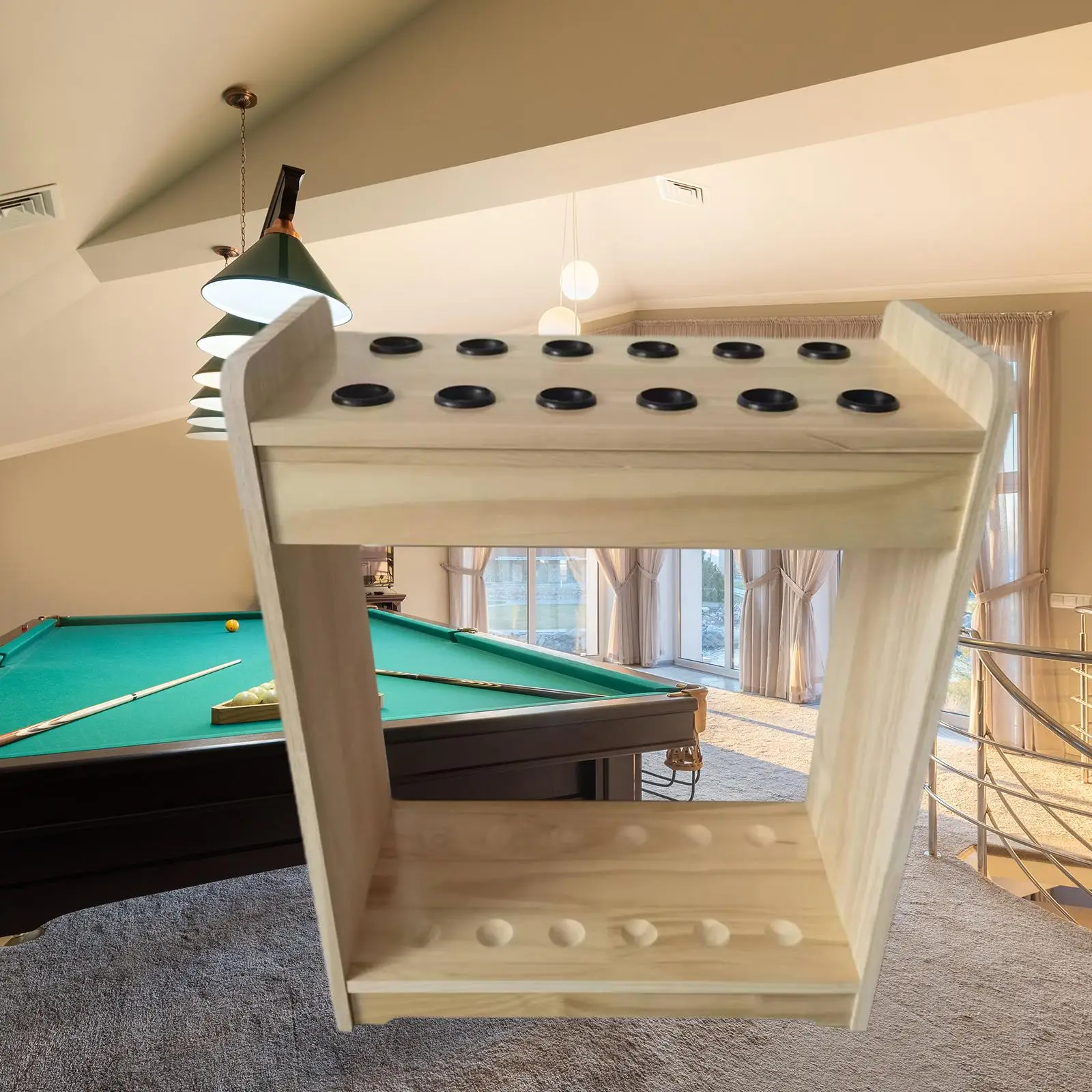Portable Pool Rack, 12 Holes, Freestanding Pool Table, Wooden Accessories