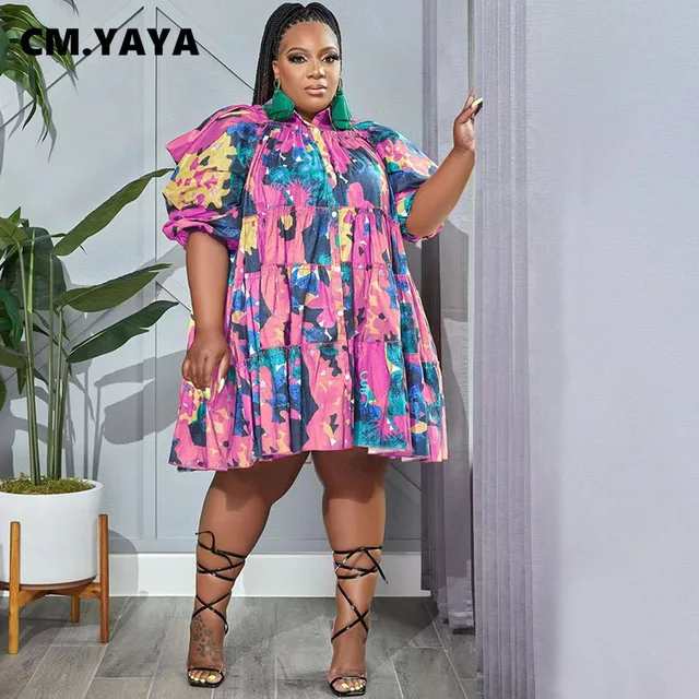 CM.YAYA Plus Size Women Ruffles Flare Half Sleeve O-neck Irregular Hem  Loose Smock Dress for 2022 Summer Fashion Elegant Dresses