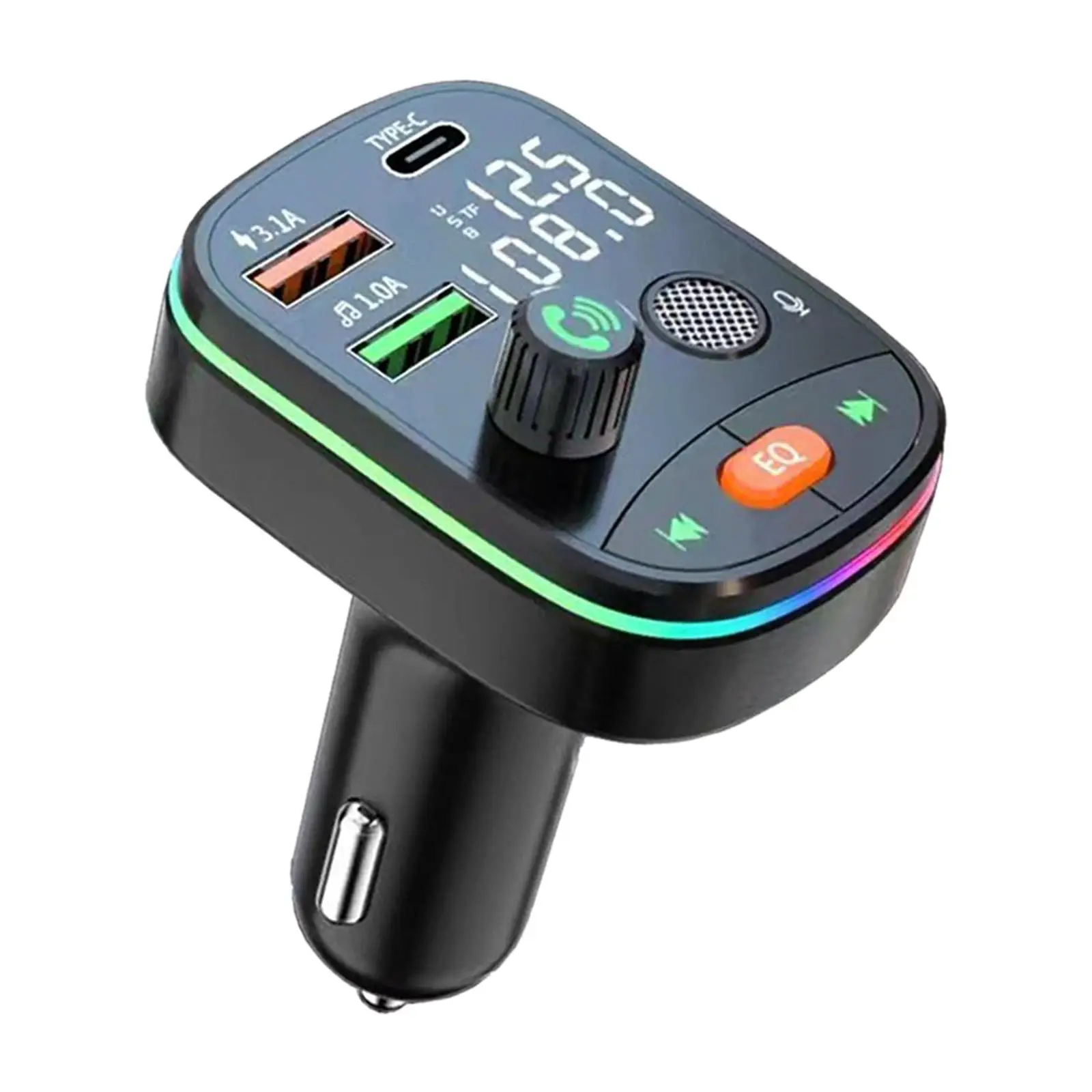 V5.0 FM Bluetooth Transmitter Colorful Atmosphere Lights Dual Screens Display Easy to Install Handsfree Calling Music Player