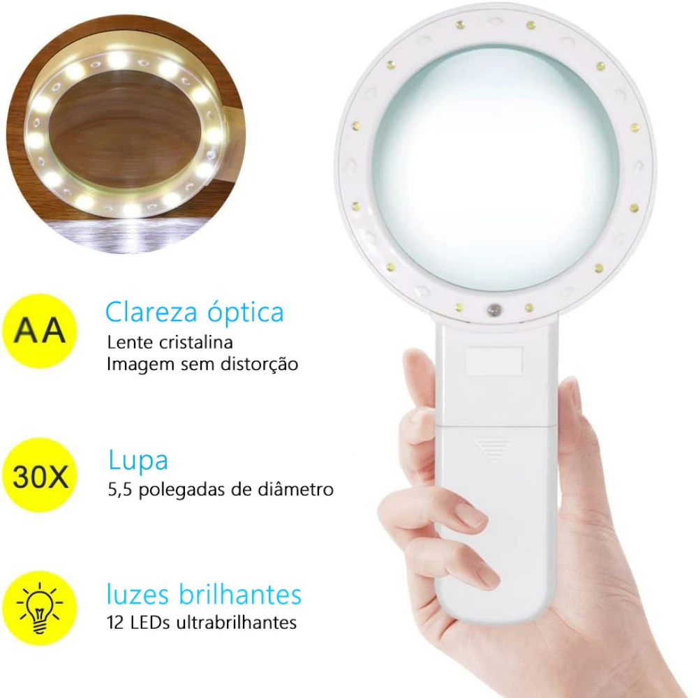 30X כף יד זכוכית מגדלת 12 LED מואר זכוכית מגדלת עם אור עבור קשישים קריאת בדיקה מטבעות תכשיטי שעון תיקון