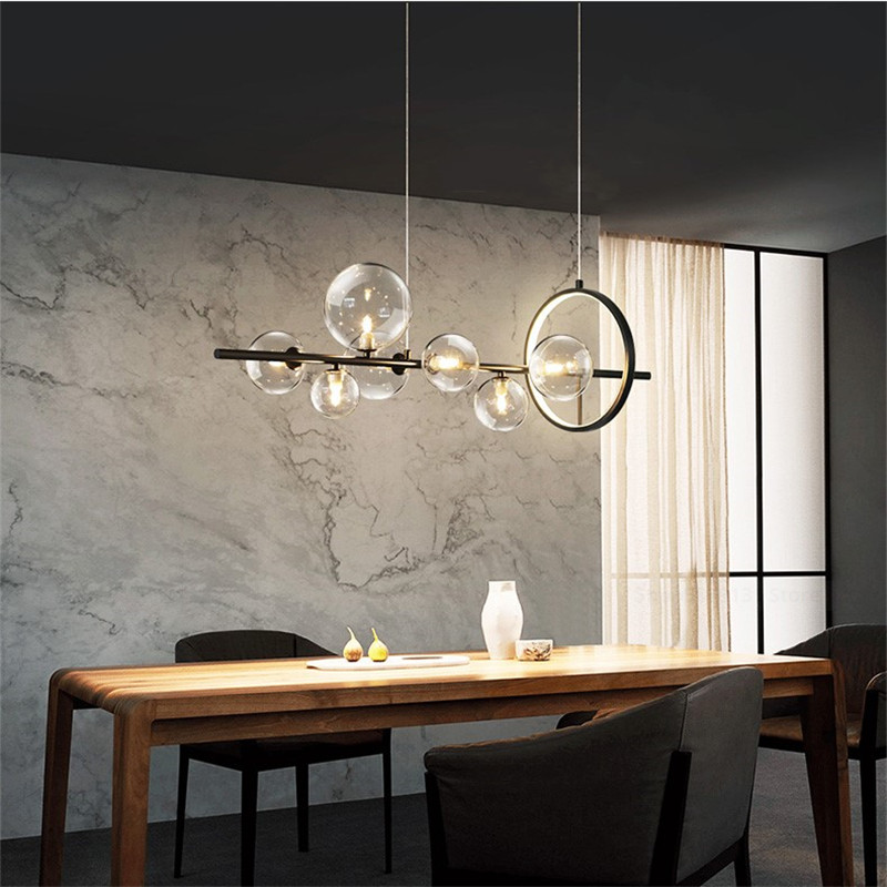 Nordic Modern Black Long Glass Ball Chandelier Living Room Bedroom Kitchen Bar LED Pendant Lamps Indoor Lighting Home Decoration