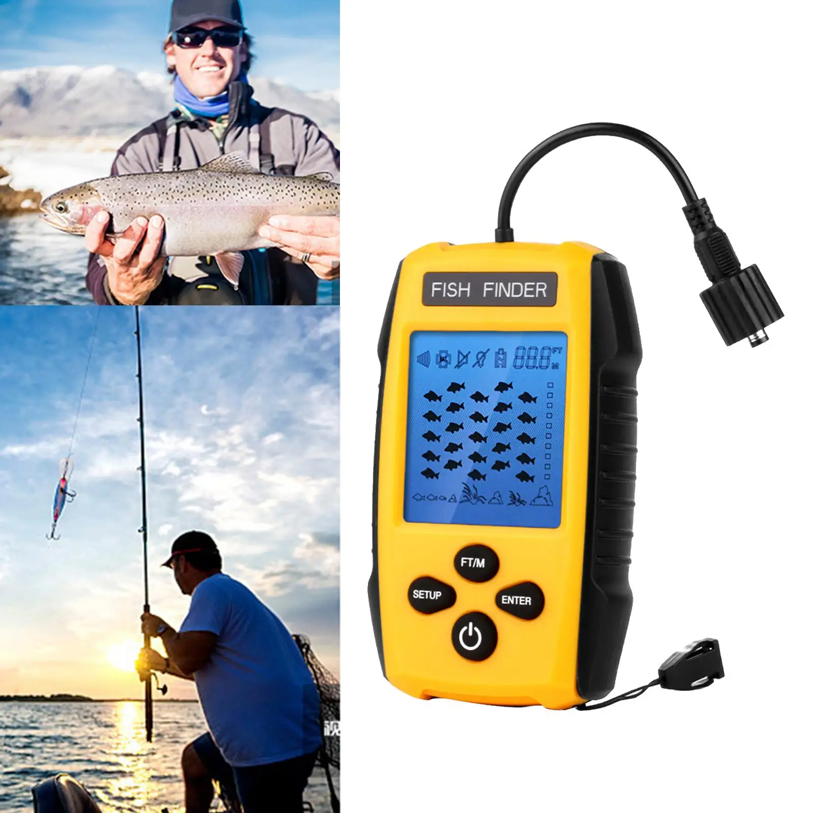 Portable Fish Finder Handheld Fishfinder Fishing Gear with Sonar Transducer, LCD Display (Yellow)