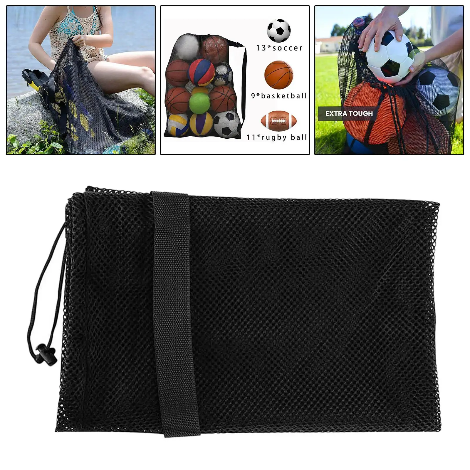 Mesh Ball Bag Sturdy Heavy Duty with Adjustable Drawstring Carrying Storage Sack Equipment Bag Sports Ball Bag for Beach Sports