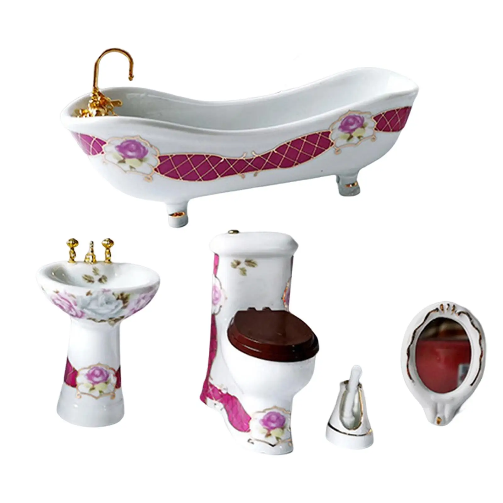 1:12 Dollhouse Miniature Bathroom Set Ceramic Toilet Basin Bathtub Mirror Miniature Furniture Doll Accessories for Bathroom