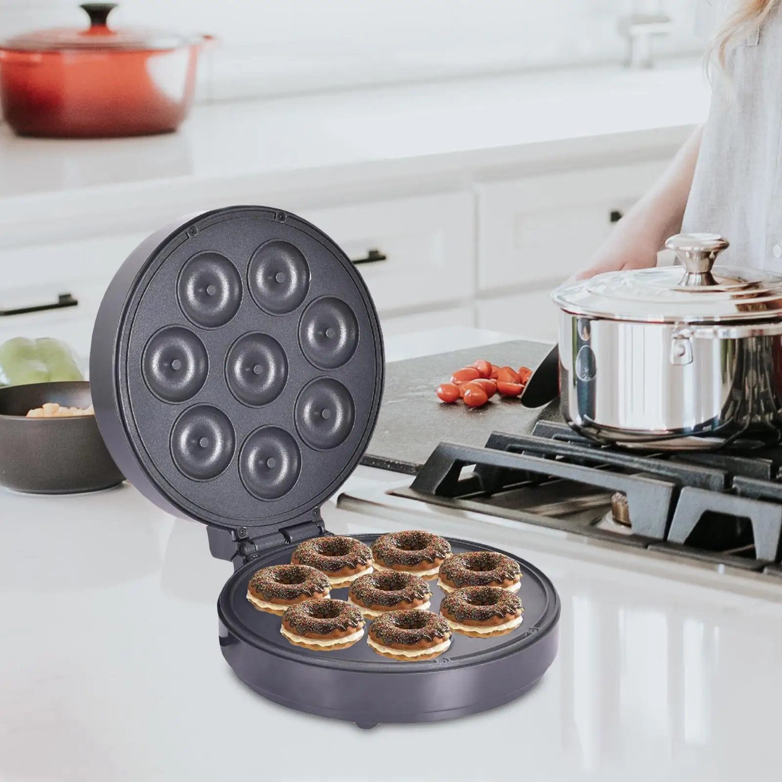 Donut Maker Nonstick with Reminder Light Kid Friendly Desserts Makes 8 Small Doughnuts Household Cake Machine for Commercial Use