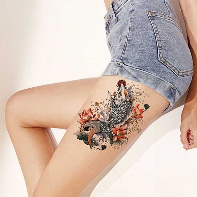 Koi-Karpfen-Tattoo-Aufkleber, langlebiges Fake-Tattoo für Frau, Mann, Goldfisch, temporäres Tattoo, Blumenkunst, künstliche Tattoos, wasserdicht, Tatuajes – Detail 4