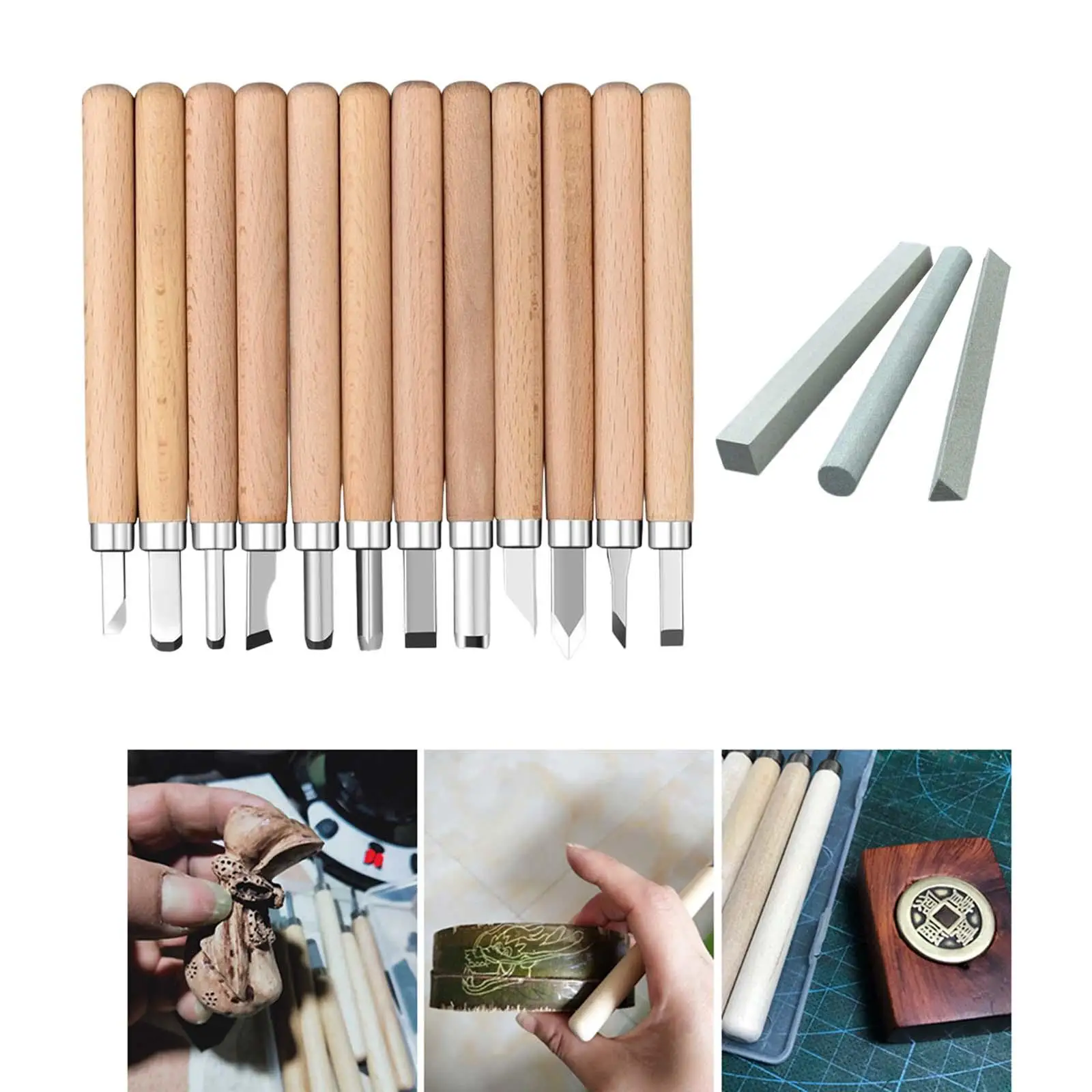 12Pcs Wood Carving Chisel Set Woodworking Wood Handle Tools Carver Set for Beginners Cutting Wood Blocks Project Softwoods