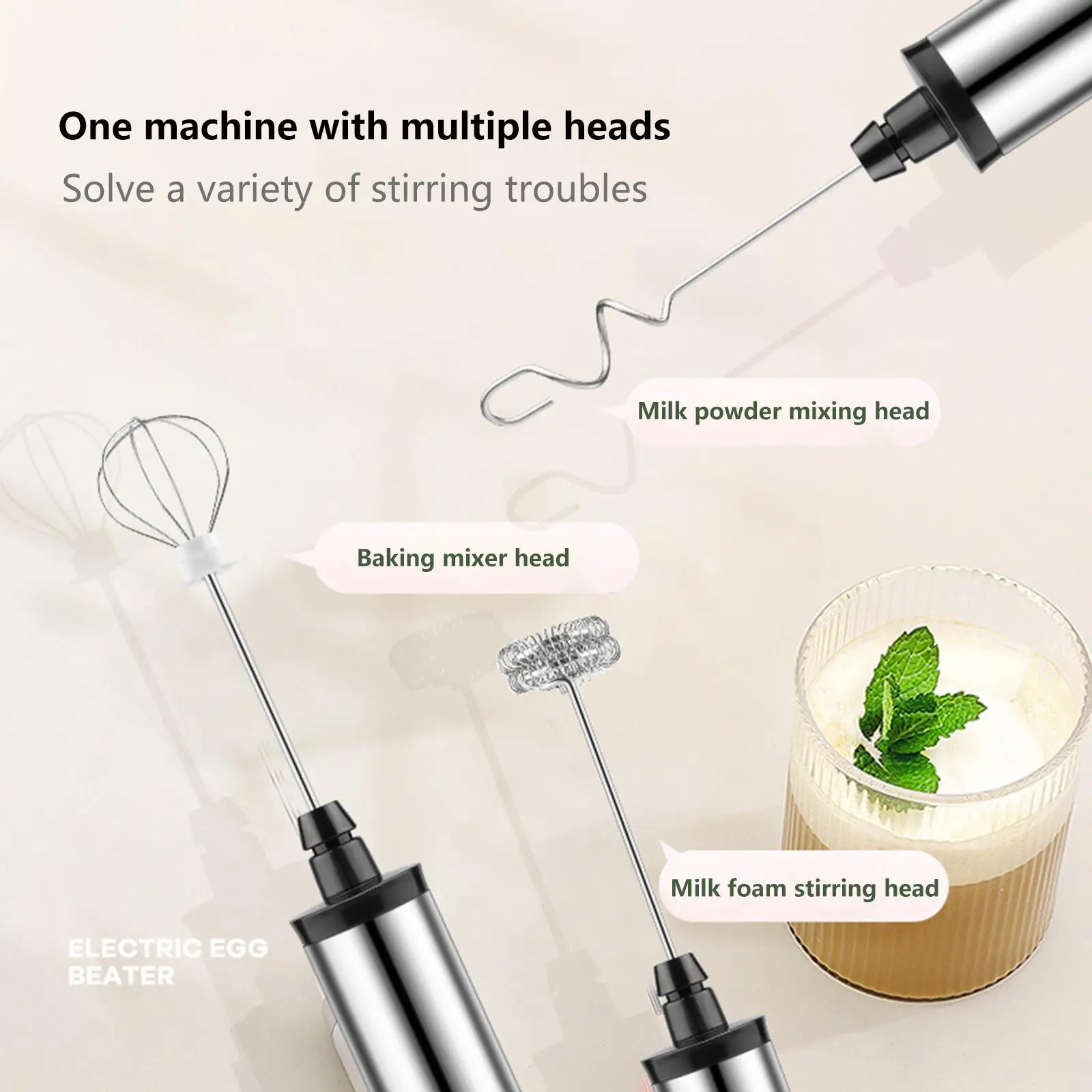Household Milk Frother with 3 Mixing Heads Whisk Coffee for coffee