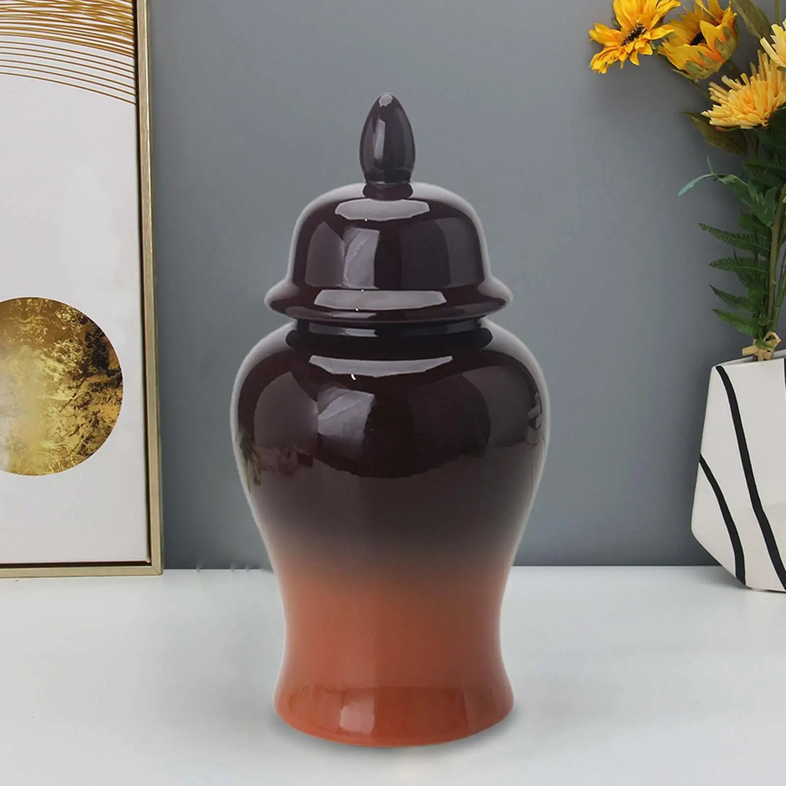 Porcelain Vase Temple Jar with Lid Gradient Color Ginger Jar for Party Desktop Desk Centerpiece Decoration Modern Style Delicate