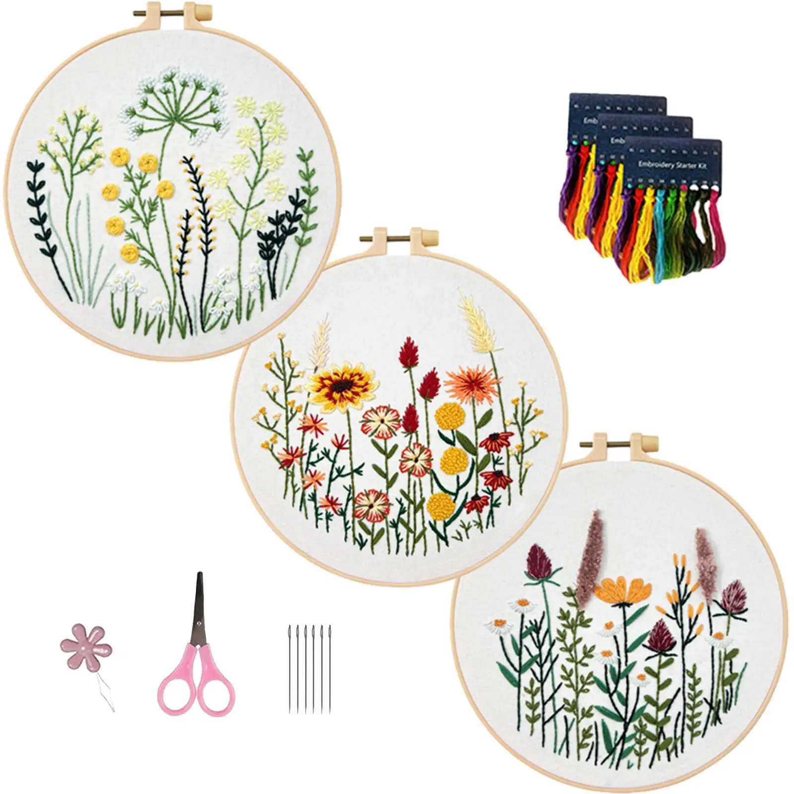 3x Beginner Embroidery Set Embroidery Hoops Coloured Threads Plants Pattern for DIY Art Handcraft Enthusiast Hobbyists Adults