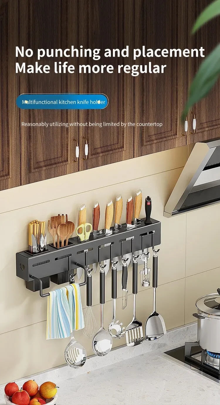 Description Picture 4 of itemHot Stainless Steel Kitchen Storage Rack Wall-mounted Multifunctional Storage Knife Rack with Multiple Brackets and Hooks
