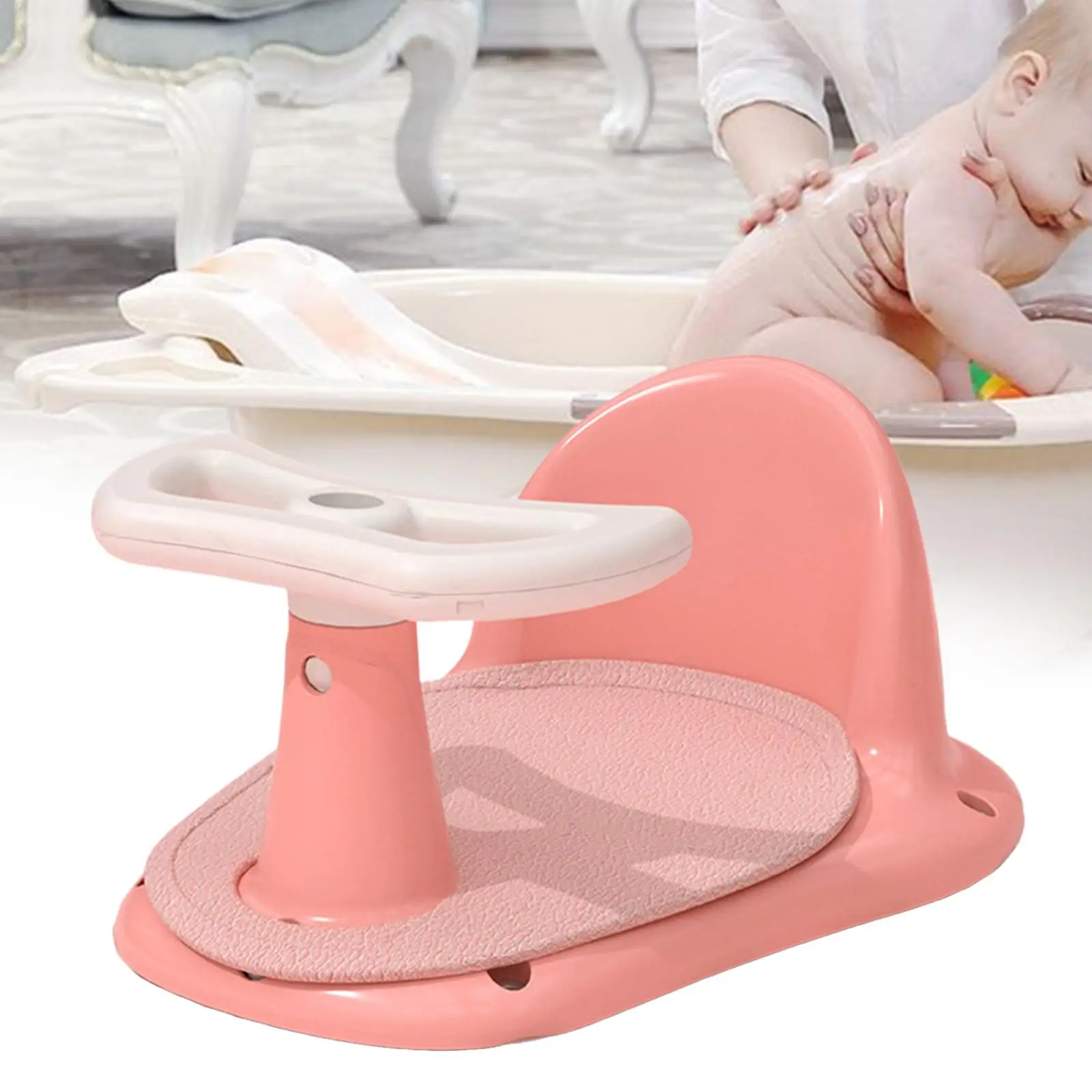 Cute Bathtub Seat Tub Sitting up Suction with Anti Slip Mat Bath Seat Support Steering Wheel Design for Baby Newborn 6-18 Months