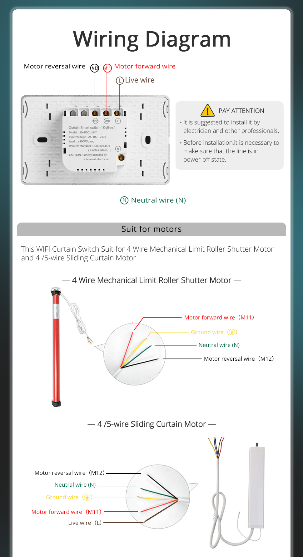 Zigbee US Curtain Switch Percentage Control 4 Wire Roller Shade Motor Work with