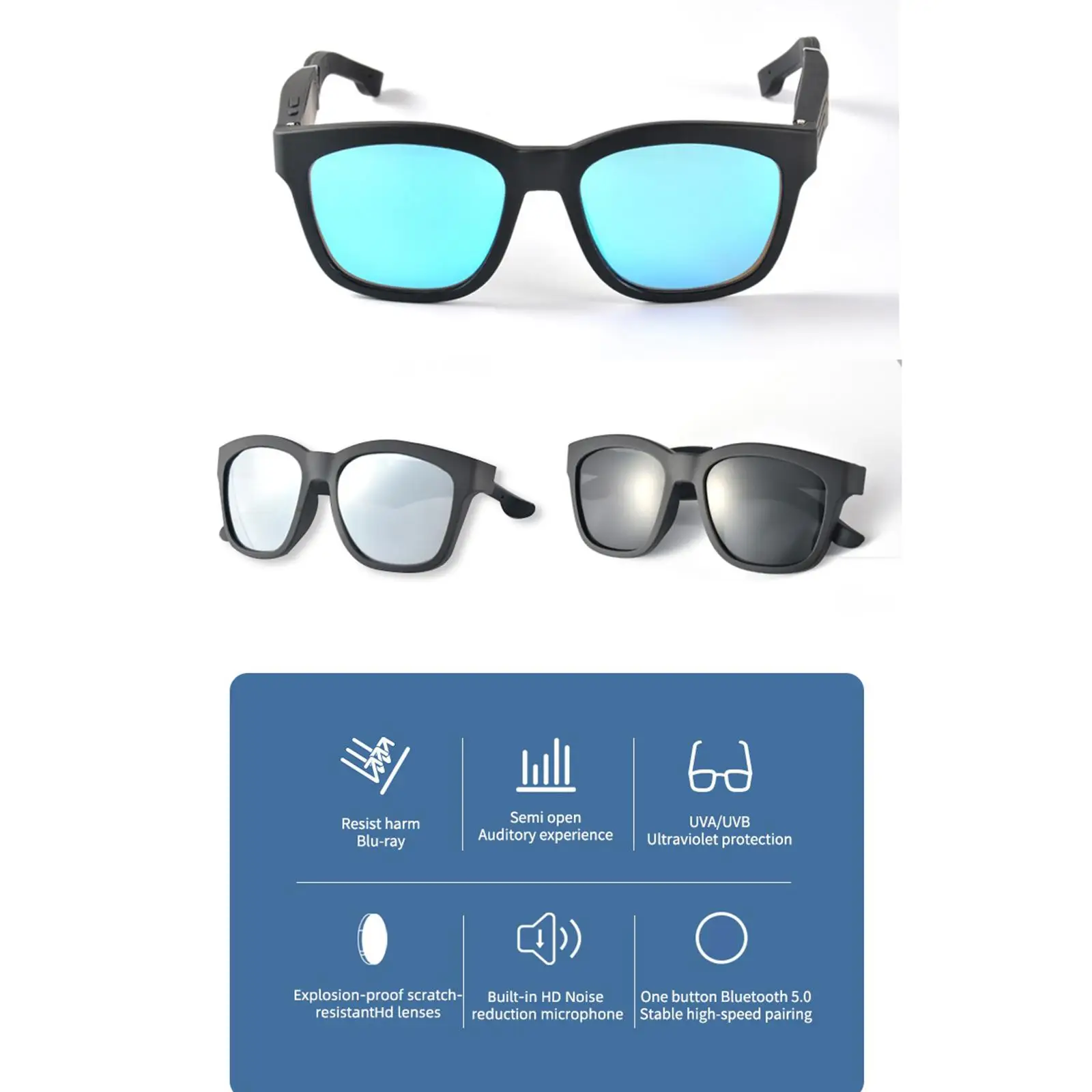 Mens Audio Sunglasses Smart Bluetooth Music Headphones Anti-blue Glasses