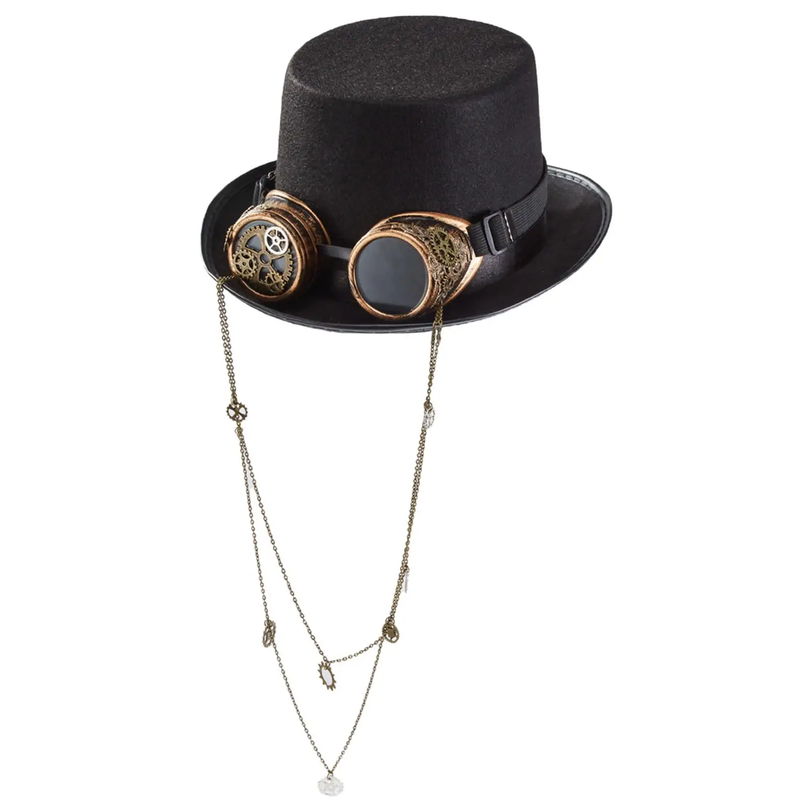 Gothic Steampunk Hat with Goggles Long Chain Black Top Hat Accessories Black