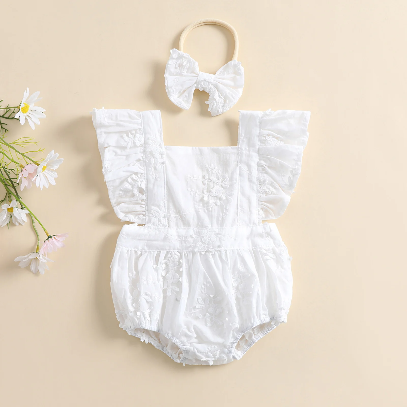 Baby Bodysuits expensive Newborn Baby Girls Summer Romper with Headband Toddler Lovely 2pcs Clothes Suit Fly Sleeves Lace Tie-Up Backless Jumpsuit Baby Bodysuits expensive