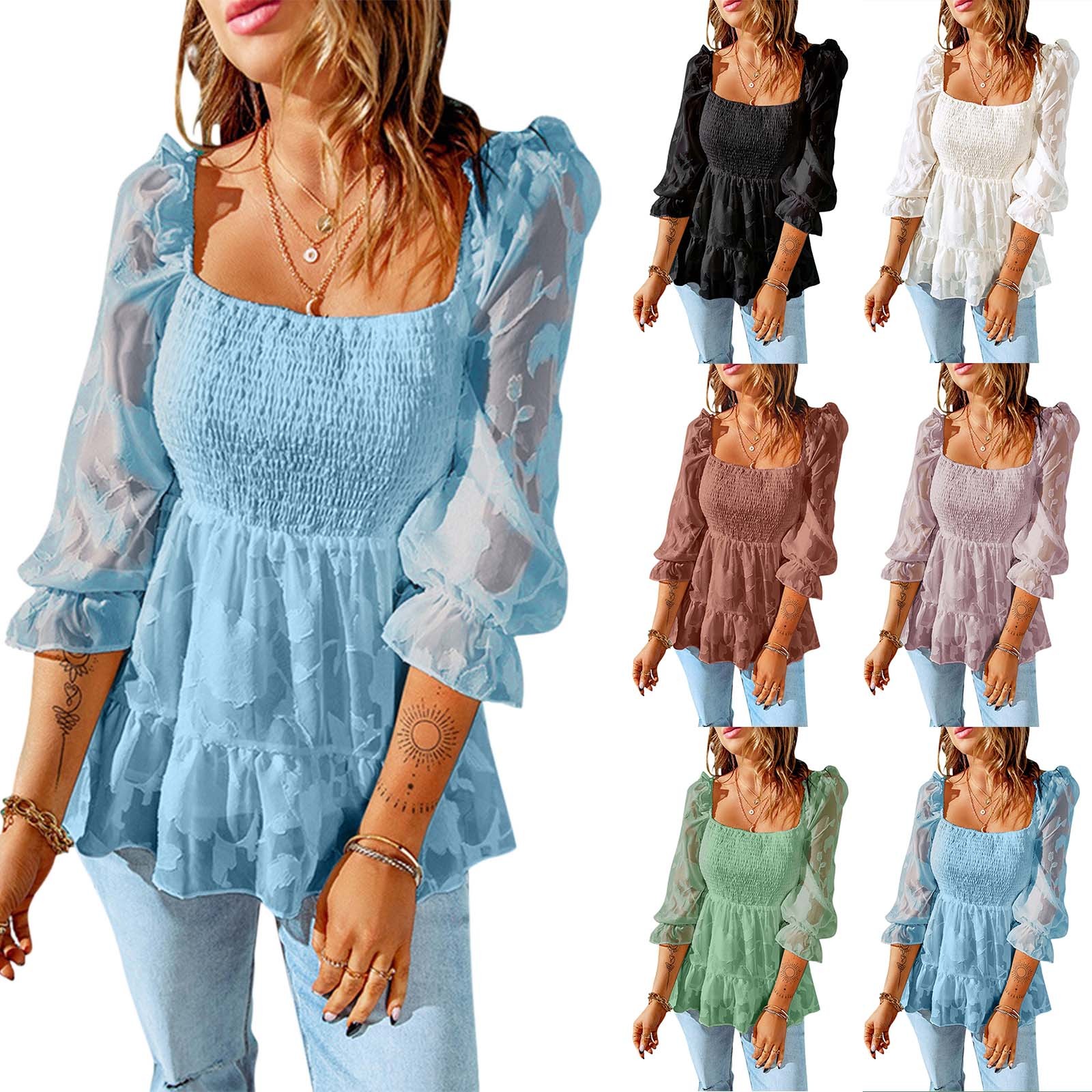 Elegant Ladies Square Neck Top Sexy Ruffles Long Sleeves Mesh Chiffon Party  Tunic Shirts Pleated Blouse 2022 New Fashion Blusas | Женская одежда |  АлиЭкспресс