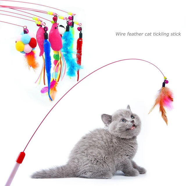 Cat Fishing Rod Wand Funny Feather Mouse cater Stick with Bell Playing  Dangle Fish Tease Fun