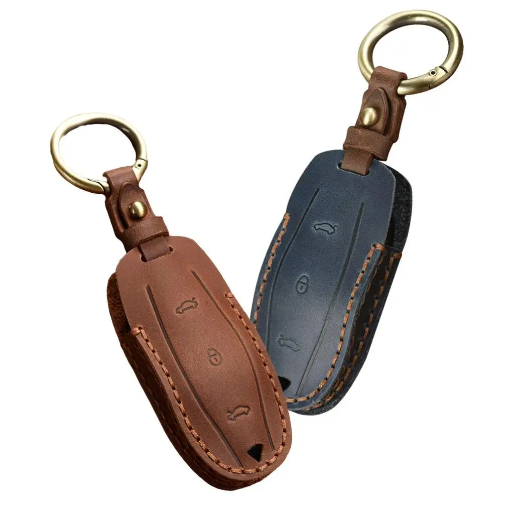 Leather Key Fob Cover 3 Buttons Remote Control Keychain for Tesla Model 3/S/x/Y Fob Protector Smart Keys with Metal Rings